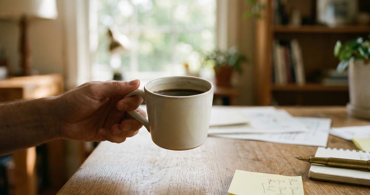 A cup of coffee over a work table