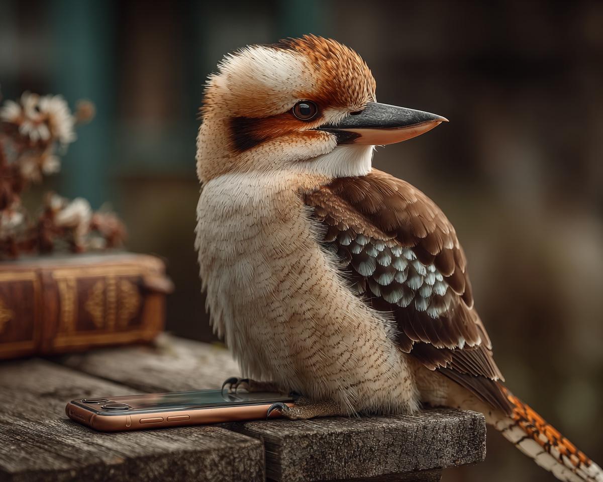 A Kookaburra sitting on an iphone 