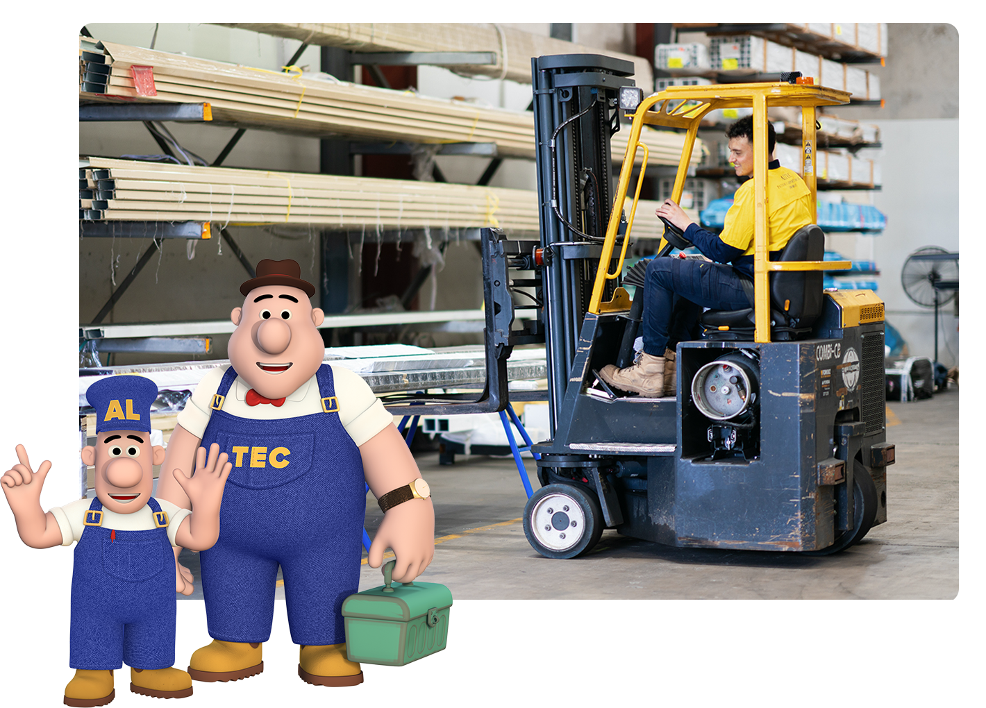 Picture of staff on forklift, with Al & Tec saying hello on the front of the image.